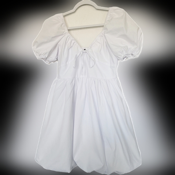 18 Centimeters Balloon/Puff Mini Dress Elastized Back Cotton Blend White Small - Picture 2 of 13